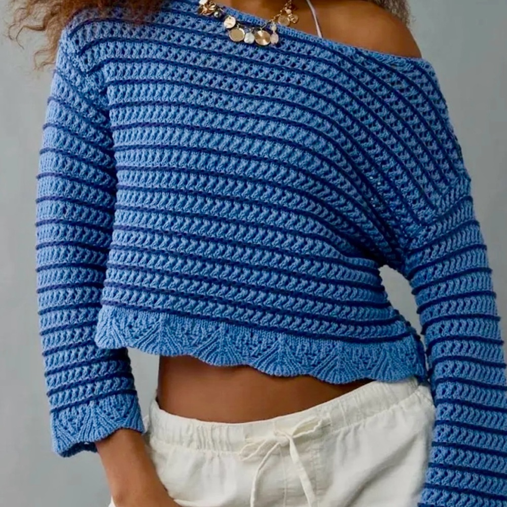 American Eagle Ballet Sweater Large French Blue Delft Blue open Knit Scallop Hem